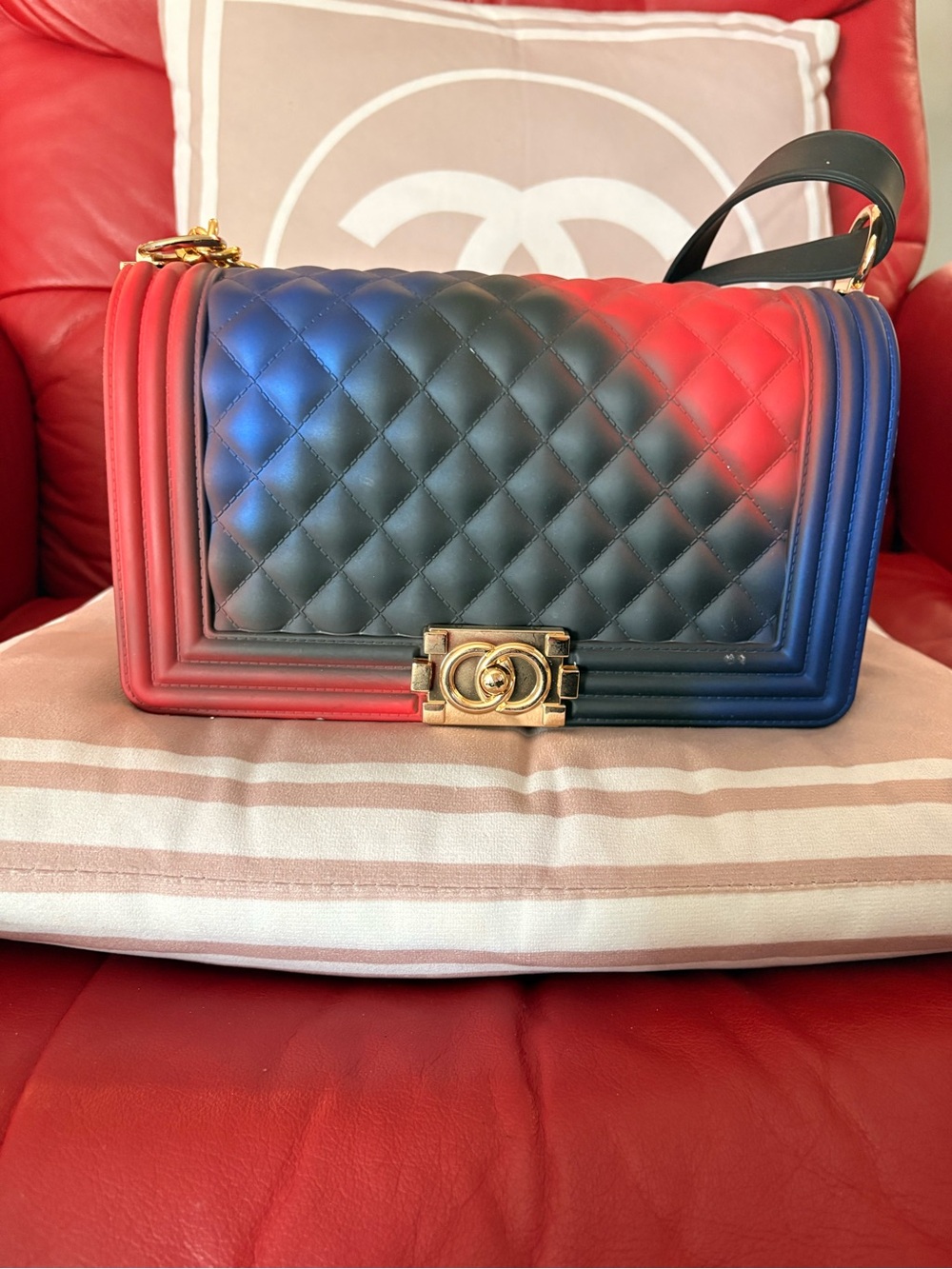 Inspired Quilted Shoulder Jelly Ombré Bag in Red-Black-Blue with Gold Hardware